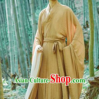 Chinese Ancient Traditional Han Dynasty Ginger Wide Sleeve Robe Scholar Swordsman Costumes for Men