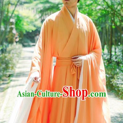 Chinese Ancient Traditional Jin Dynasty Orange Straight-Front Robe Scholar Swordsman Costumes for Men
