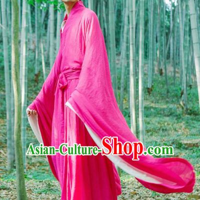 Chinese Ancient Traditional Han Dynasty Rosy Wide Sleeve Robe Scholar Swordsman Costumes for Men