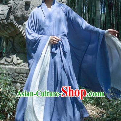 Chinese Ancient Traditional Jin Dynasty Blue Straight-Front Robe Scholar Swordsman Costumes for Men