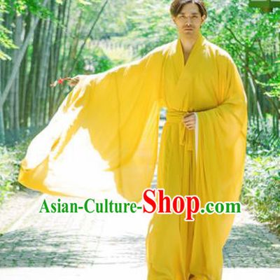 Chinese Ancient Traditional Jin Dynasty Yellow Straight-Front Robe Scholar Swordsman Costumes for Men