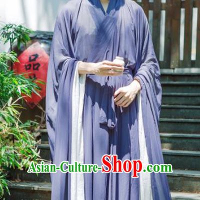 Chinese Ancient Traditional Jin Dynasty Swordsman Costumes Scholar Navy Straight-Front Robe for Men