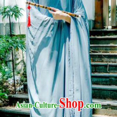 Chinese Ancient Traditional Jin Dynasty Swordsman Costumes Scholar Blue Straight-Front Robe for Men