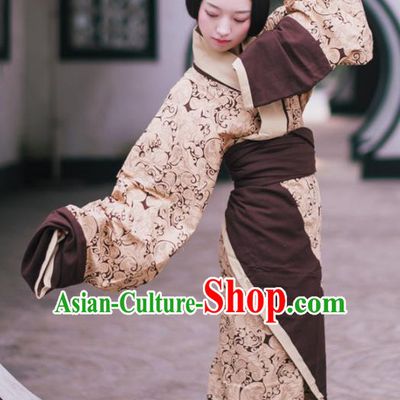 Traditional Chinese Han Dynasty Princess Costume Ancient Brown Curving-Front Robe for Women