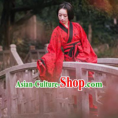 Traditional Chinese Han Dynasty Princess Costume Ancient Red Curving-Front Robe for Women