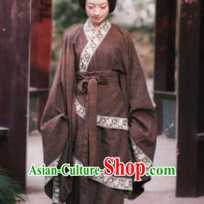 Traditional Chinese Han Dynasty Princess Costume Ancient Deep Brown Curving-Front Robe for Women