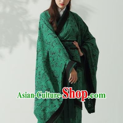 Traditional Chinese Han Dynasty Princess Costume Ancient Green Curving-Front Robe for Women