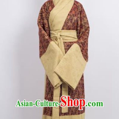 Traditional Chinese Han Dynasty Countess Brown Curving-Front Robe Ancient Palace Lady Costume for Women