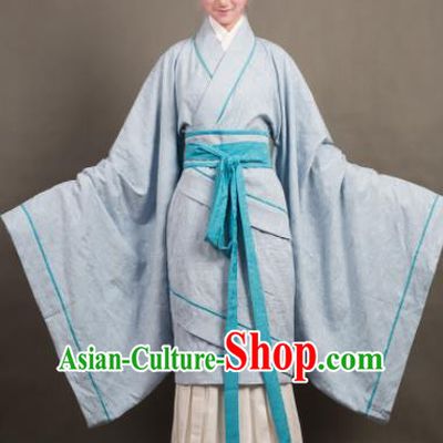 Traditional Chinese Han Dynasty Countess Blue Curving-Front Robe Ancient Palace Lady Costume for Women