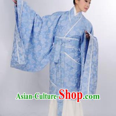 Traditional Chinese Han Dynasty Marquise Costume Ancient Princess Blue Curving-Front Robe for Women