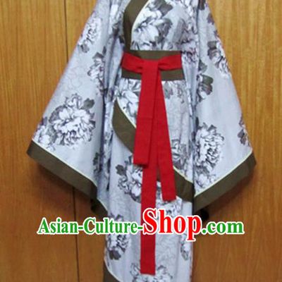 Traditional Chinese Han Dynasty Printing Grey Curving-Front Robe Ancient Princess Costume for Women