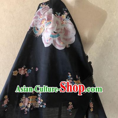 Asian Chinese Traditional Fabric Classical Printing Peony Pattern Black Brocade Cheongsam Cloth Silk Fabric