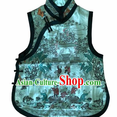 Traditional Chinese Handmade Embroidered Costume Tang Suit Slant Opening Blue Vest for Women