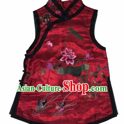 Traditional Chinese Handmade Embroidered Mandarin Duck Lotus Costume Tang Suit Slant Opening Vest for Women