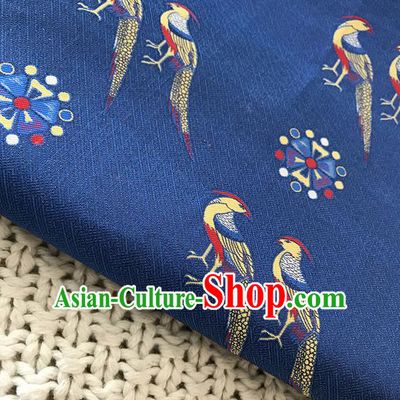 Asian Chinese Traditional Blue Silk Fabric Royal Birds Pattern Brocade Cheongsam Cloth Silk Fabric