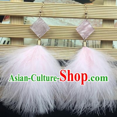 Traditional Chinese Bride Jewelry Accessories Pink Feather Earrings for Women