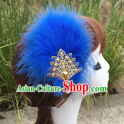 Traditional Chinese Bride Hair Accessories Folk Dance Royalblue Feather Hair Stick for Kids