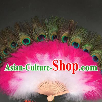 Traditional Chinese Crafts Peacock Feather Folding Fan China Folk Dance Feather Fans