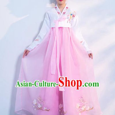 Top Grade Korean Traditional Costumes Asian Korean Hanbok Bride White Blouse and Pink Skirt for Women