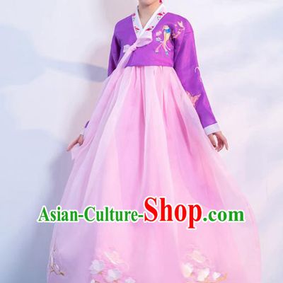 Top Grade Korean Traditional Costumes Asian Korean Hanbok Bride Purple Blouse and Pink Skirt for Women