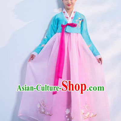 Top Grade Korean Traditional Costumes Asian Korean Hanbok Bride Blue Blouse and Pink Skirt for Women