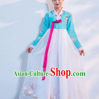 Top Grade Korean Traditional Costumes Asian Korean Hanbok Bride Blue Blouse and White Skirt for Women