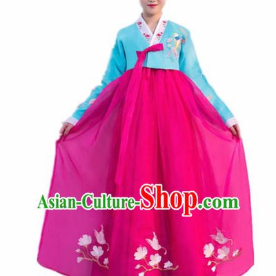 Top Grade Korean Traditional Costumes Asian Korean Hanbok Bride Blue Blouse and Rosy Skirt for Women