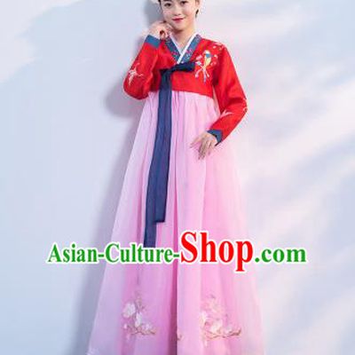 Top Grade Korean Traditional Costumes Asian Korean Hanbok Bride Red Blouse and Pink Skirt for Women