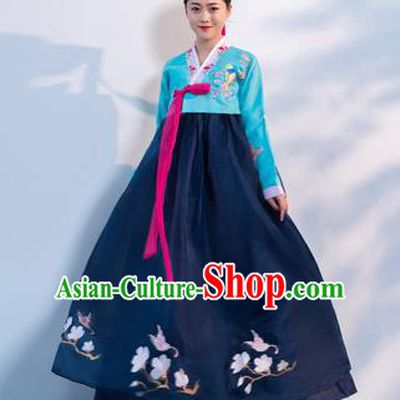 Top Grade Korean Traditional Costumes Asian Korean Hanbok Bride Blue Blouse and Navy Skirt for Women