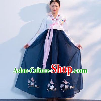 Top Grade Korean Traditional Costumes Asian Korean Hanbok Bride White Blouse and Navy Skirt for Women