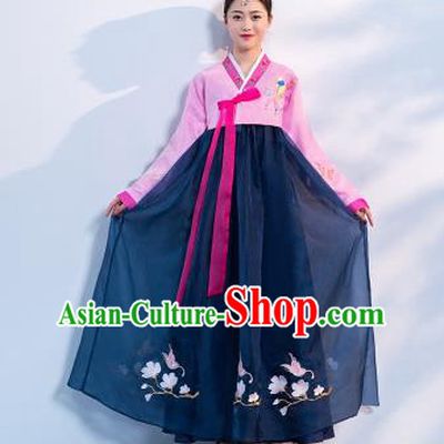 Top Grade Korean Traditional Costumes Asian Korean Hanbok Bride Pink Blouse and Navy Skirt for Women