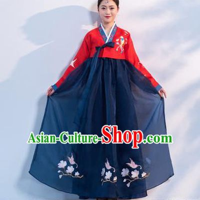 Top Grade Korean Traditional Costumes Asian Korean Hanbok Bride Red Blouse and Navy Skirt for Women