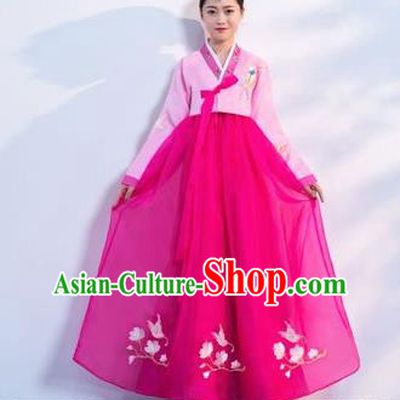 Top Grade Korean Traditional Costumes Asian Korean Hanbok Bride Pink Blouse and Rosy Skirt for Women