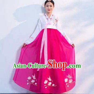 Top Grade Korean Traditional Costumes Asian Korean Hanbok Bride White Blouse and Rosy Skirt for Women