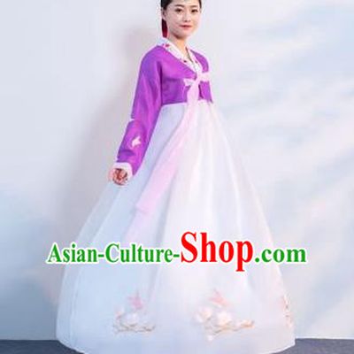 Top Grade Korean Traditional Costumes Asian Korean Hanbok Bride Purple Blouse and White Skirt for Women