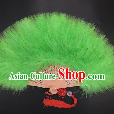 Traditional Chinese Crafts Green Feather Folding Fan China Folk Dance Feather Fans