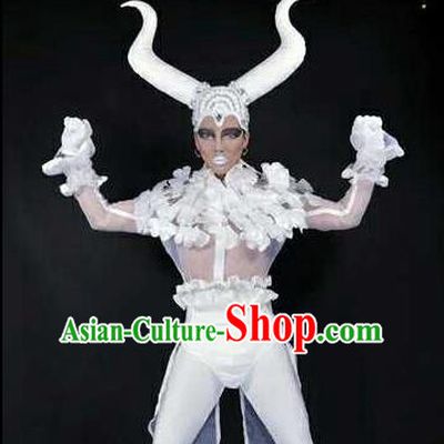 Professional Stage Performance Costume Halloween Cosplay Clown White Clothing and Feather Headwear for Men