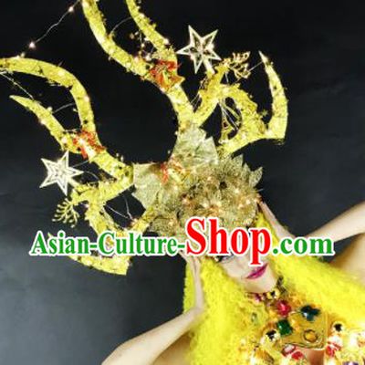 Professional Stage Performance Hair Accessories Brazilian Carnival Golden Antlers Royal Crown for Women