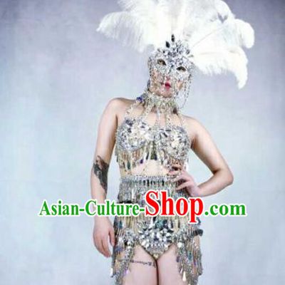 Professional Stage Performance Costume Halloween Cosplay Sequins Swimwear and Feather Headwear for Women