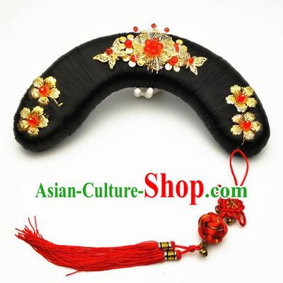 Chinese Ancient Qing Dynasty Princess Hair Accessories Palace Lady Golden Hairpins and Wigs for Kids