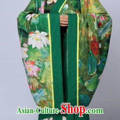 Chinese Traditional Han Dynasty Princess Printing Lotus Green Hanfu Dress Ancient Maidenform Costumes for Women