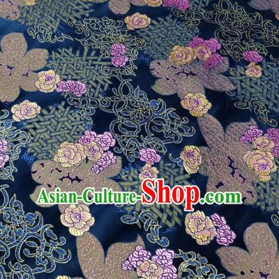 Chinese Traditional Silk Fabric Cheongsam Tang Suit Flowers Pattern Navy Brocade Cloth Drapery