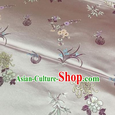 Chinese Traditional Silk Fabric Tang Suit Pink Brocade Cheongsam Plum Blossom Orchid Bamboo and Chrysanthemum Pattern Cloth Material Drapery