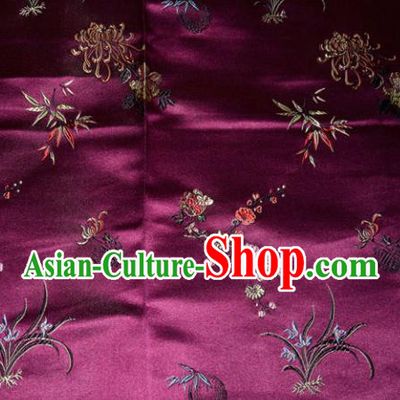 Chinese Traditional Silk Fabric Tang Suit Purple Brocade Cheongsam Plum Blossom Orchid Bamboo and Chrysanthemum Pattern Cloth Material Drapery