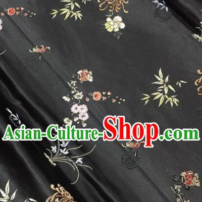 Chinese Traditional Silk Fabric Tang Suit Black Brocade Cheongsam Plum Blossom Orchid Bamboo and Chrysanthemum Pattern Cloth Material Drapery
