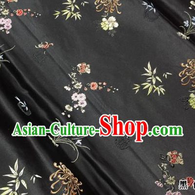 Chinese Traditional Black Silk Fabric Cheongsam Tang Suit Plum Blossom Orchid Bamboo and Chrysanthemum Pattern Brocade Cloth Drapery