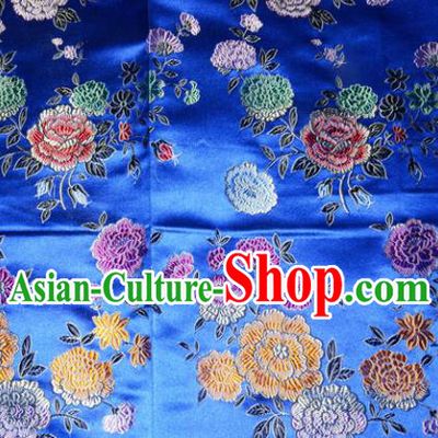Chinese Traditional Silk Fabric Tang Suit Blue Brocade Cheongsam Classical Peony Pattern Cloth Material Drapery