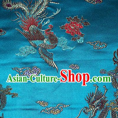 Chinese Traditional Silk Fabric Dragon Phoenix Peony Pattern Tang Suit Blue Brocade Cloth Cheongsam Material Drapery