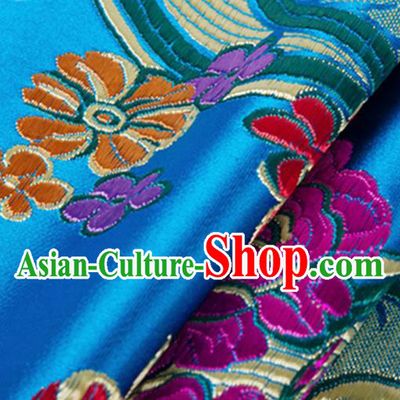 Chinese Traditional Silk Fabric Tang Suit Classical Flowers Pattern Blue Brocade Cloth Cheongsam Material Drapery