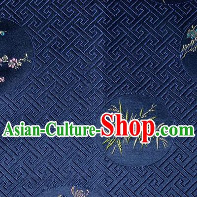 Chinese Traditional Silk Fabric Plum Blossom Orchid Bamboo Chrysanthemum Pattern Tang Suit Deep Blue Brocade Cloth Cheongsam Material Drapery